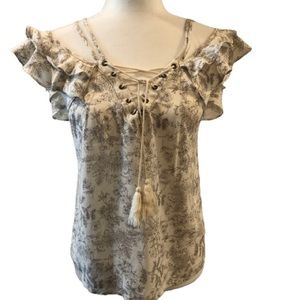 Sadie & Sage whimsigoth top off shoulder ruffle sleeve criss cross neck tassels